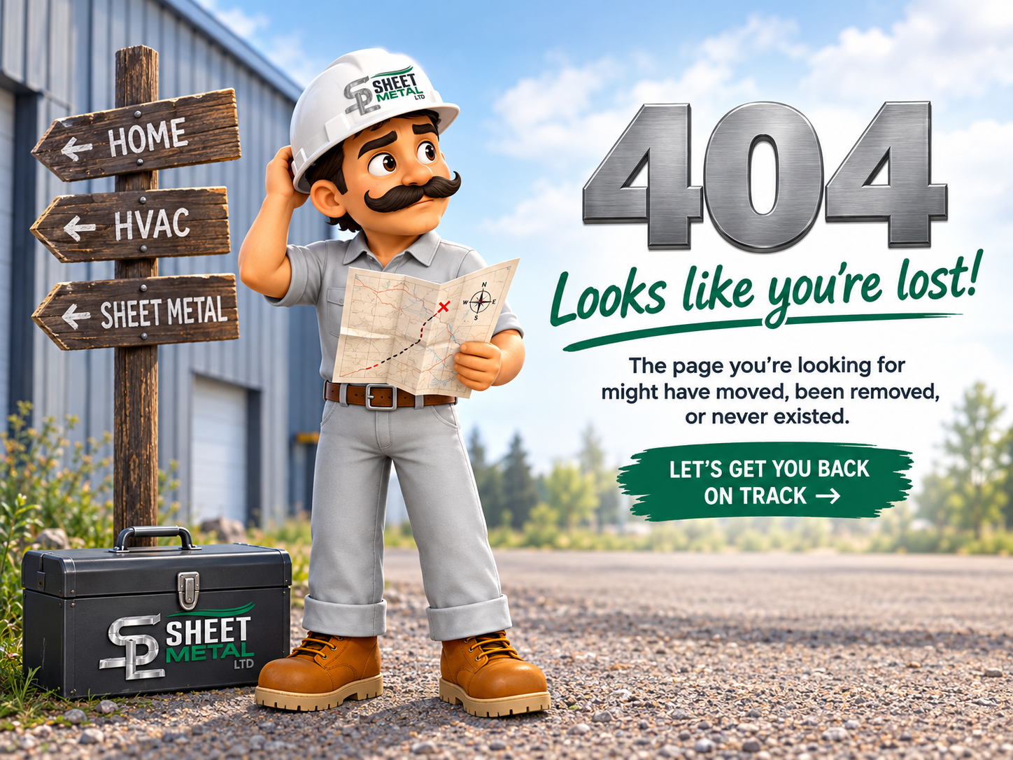 SL Sheet Metal Mascot Looking Lost With a Map, 404 Page Not Found Illustration