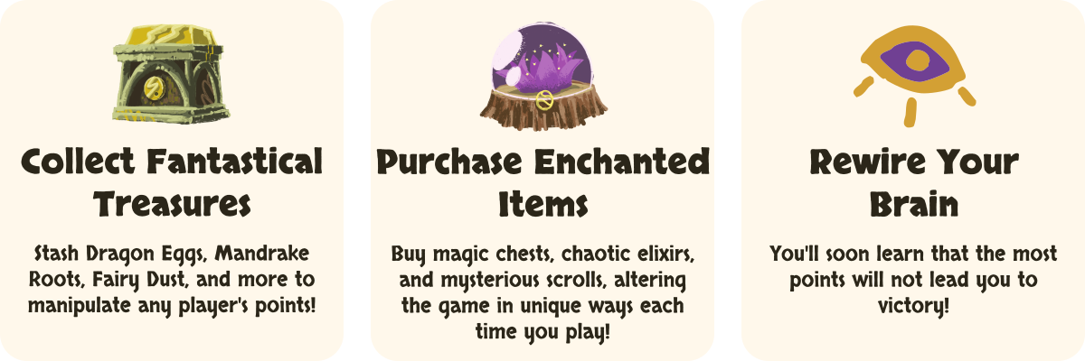 Collect fantastical treasures, stash dragon eggs, mandrake roots, fairy dust, and more to score points. Purchase enchanted items, buy magic chests, chaotic elixirs, and mysterious scrolls, altering the game in unique ways each time you play! Rewire your brain, you'll soon learn that the most points will not lead you to victory!