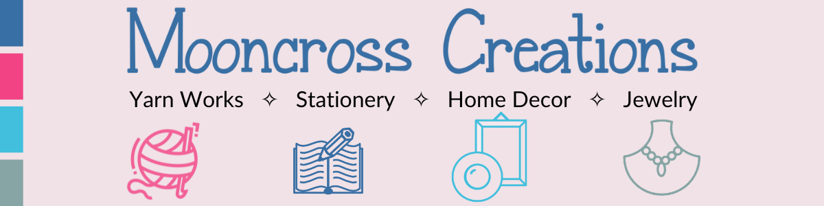 Shop banner with blue logo and icons for yarn works, stationery, home decor and jewelry