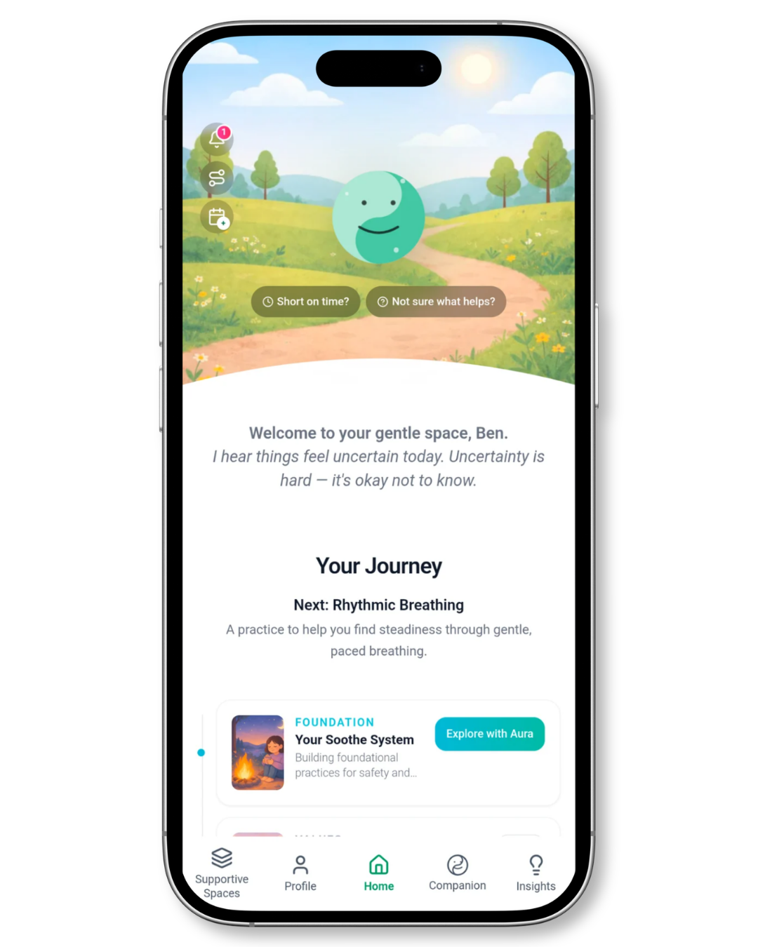AuraWell home screen with a personalised welcome, quick support and your guided Journey, shown in a complete phone frame