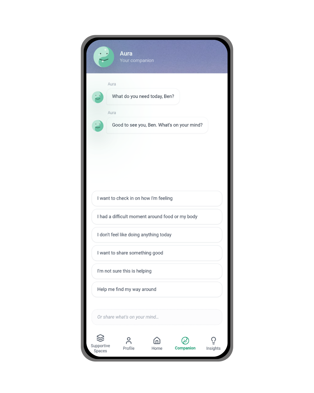 AuraWell mobile companion showing conversation prompts