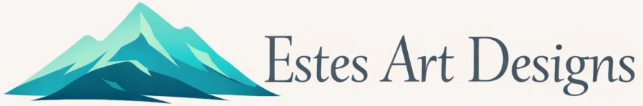 Logo for Estes Art Designs. Abstract Mountain Peak in varying shades of blue green on the left. "Estes Art Designs" text in gray on the right/