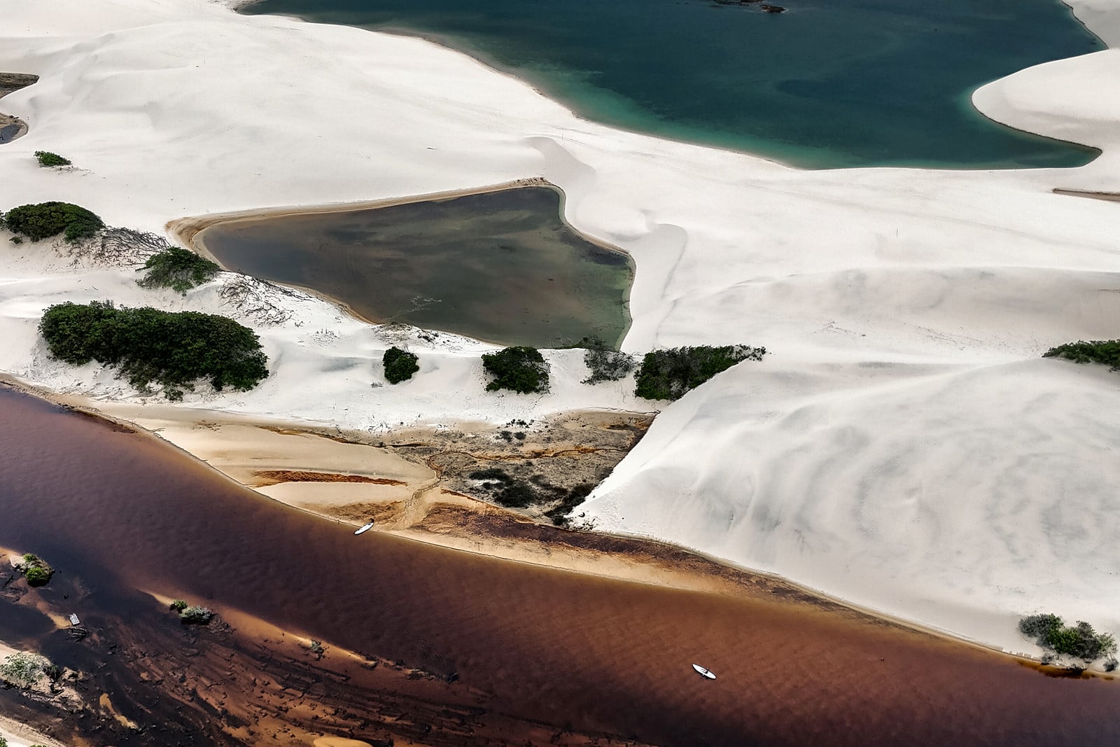 O rio, visto do ar, a abrir caminho entre a areia e a vegetação.