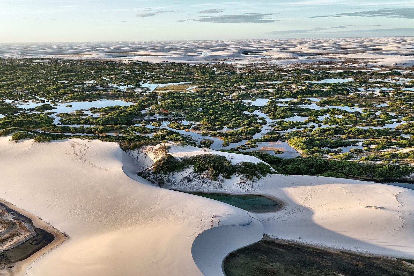 Lagoas e vegetação de restinga ao amanhecer, vistas do ar.