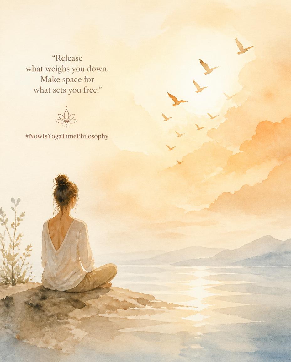 Soft watercolor illustration with warm light illuminating a subtle symbol of release and spaciousness. Aparigraha introduction