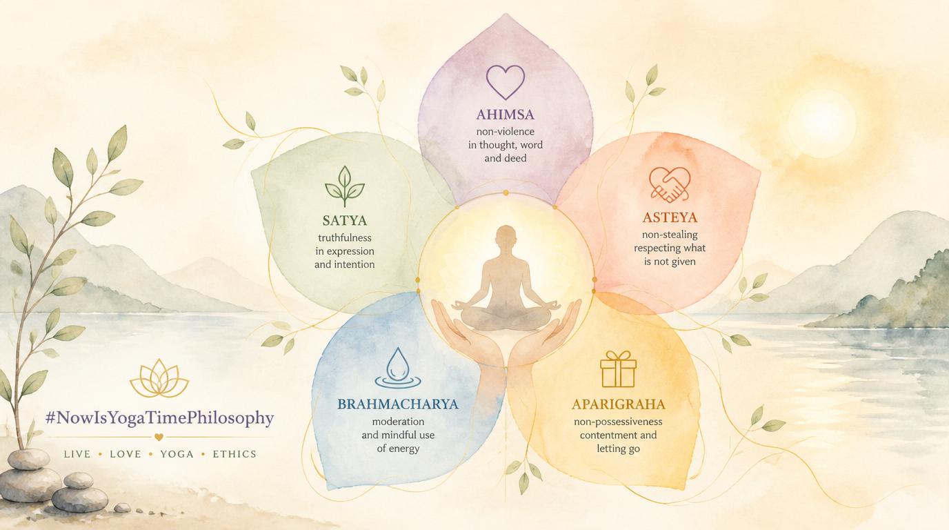 Person sitting in a meditative pose with a glowing heart, surrounded by soft pastel light, flowing shapes, doves, and a lotus flower in a peaceful natural setting