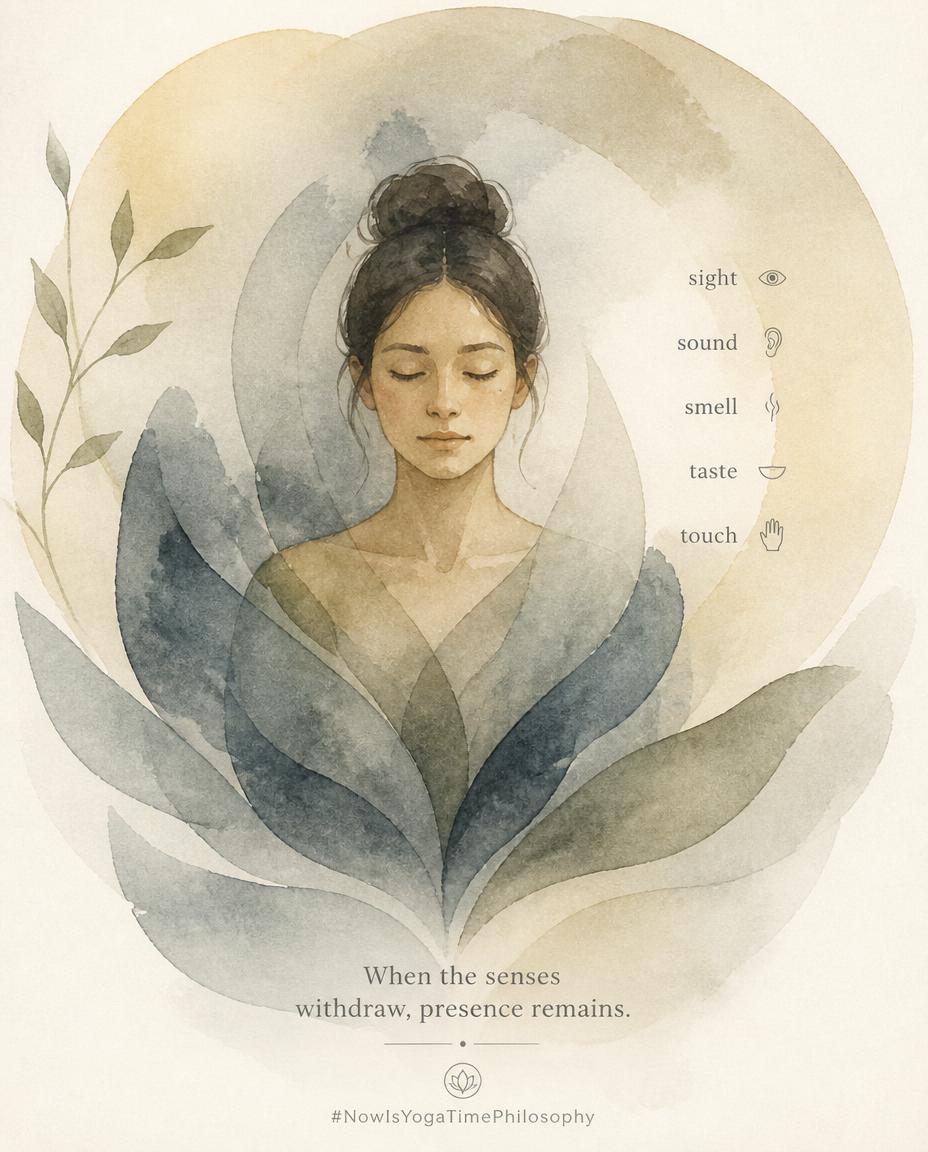 Soft watercolor figure with closed eyes and inward‑folding shapes, symbolizing withdrawal of the senses. Pratyahara, the fifth limb of Patanjali's yoga.