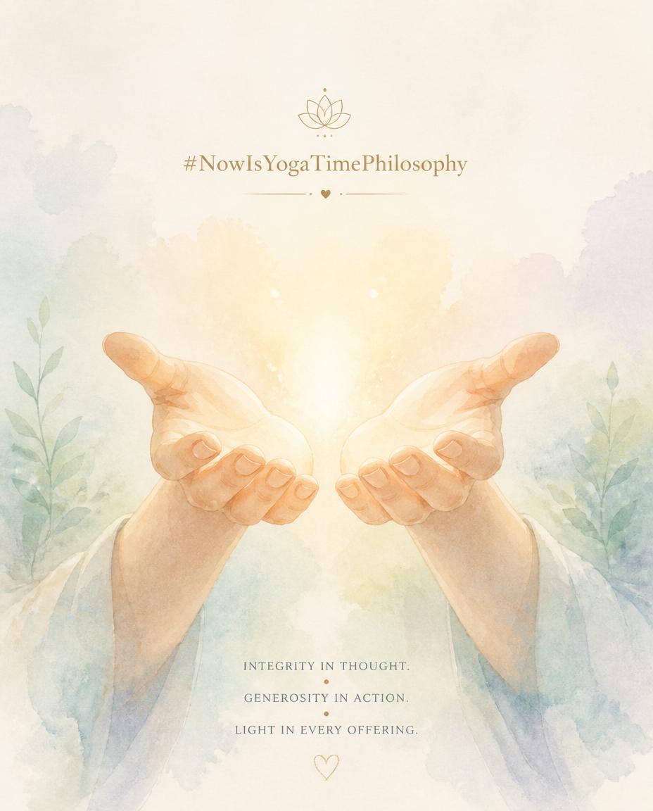 Soft watercolor open hands offering gentle light, symbolizing integrity and non-stealing. Asteya, non-stealing