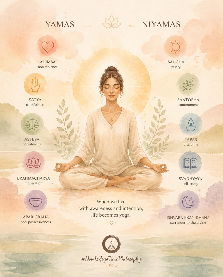 Watercolor figure surrounded by soft symbolic shapes representing yogic principles, symbolizing philosophical clarity. Aparigraha and Yoga Philosophy
