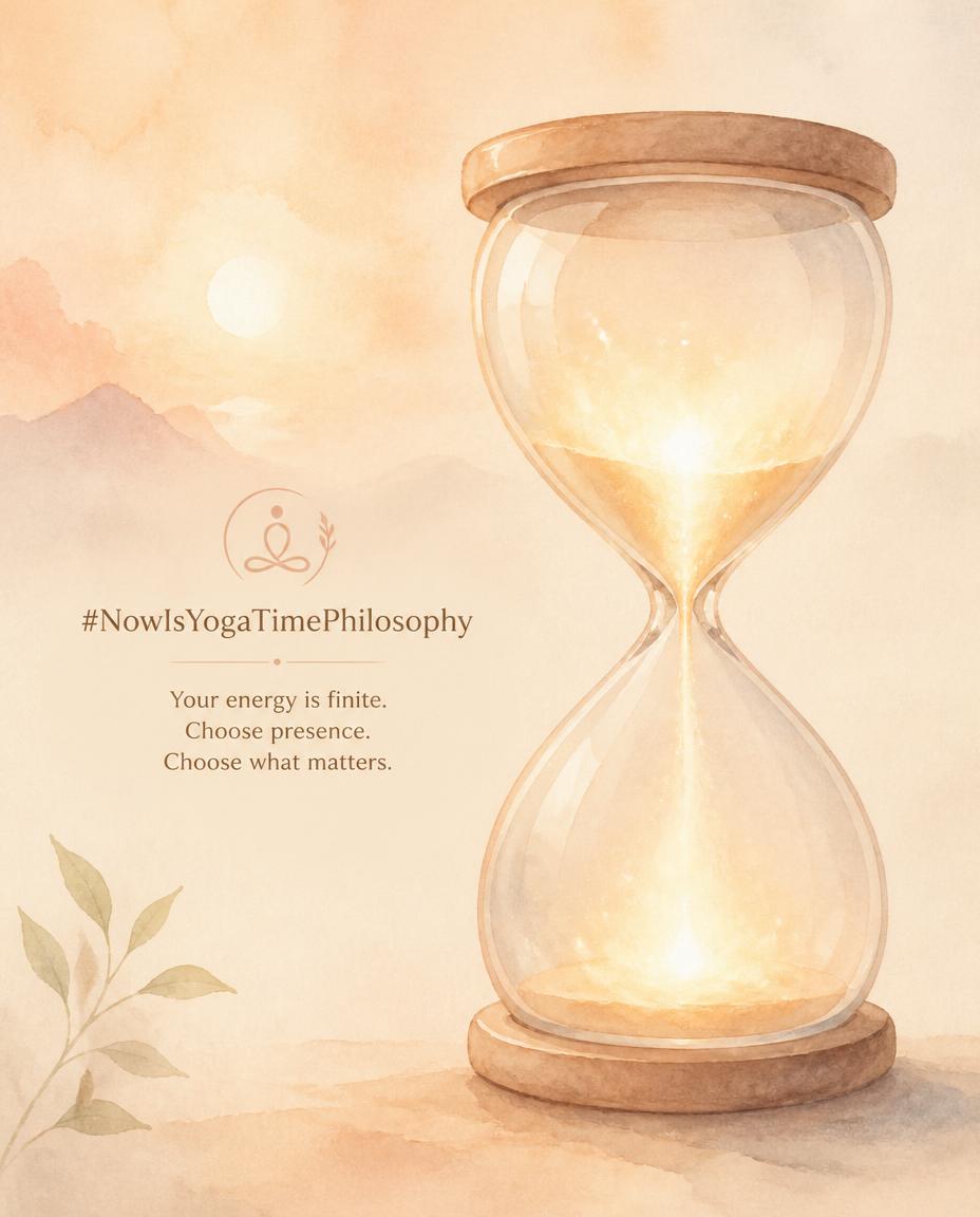 Soft watercolor hourglass filled with glowing light instead of sand, symbolizing limited energy. Energy as finite resource