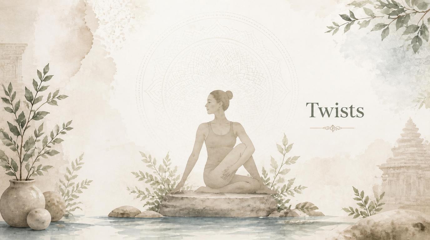 Woman practicing a seated yoga twist beside calm water for the Twists category