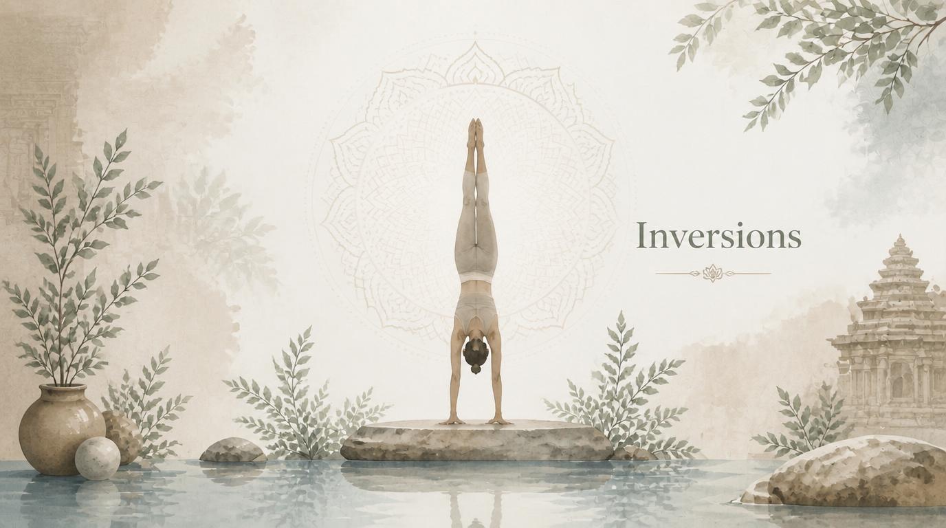 Woman holding a handstand on a stone platform for the Inversions category