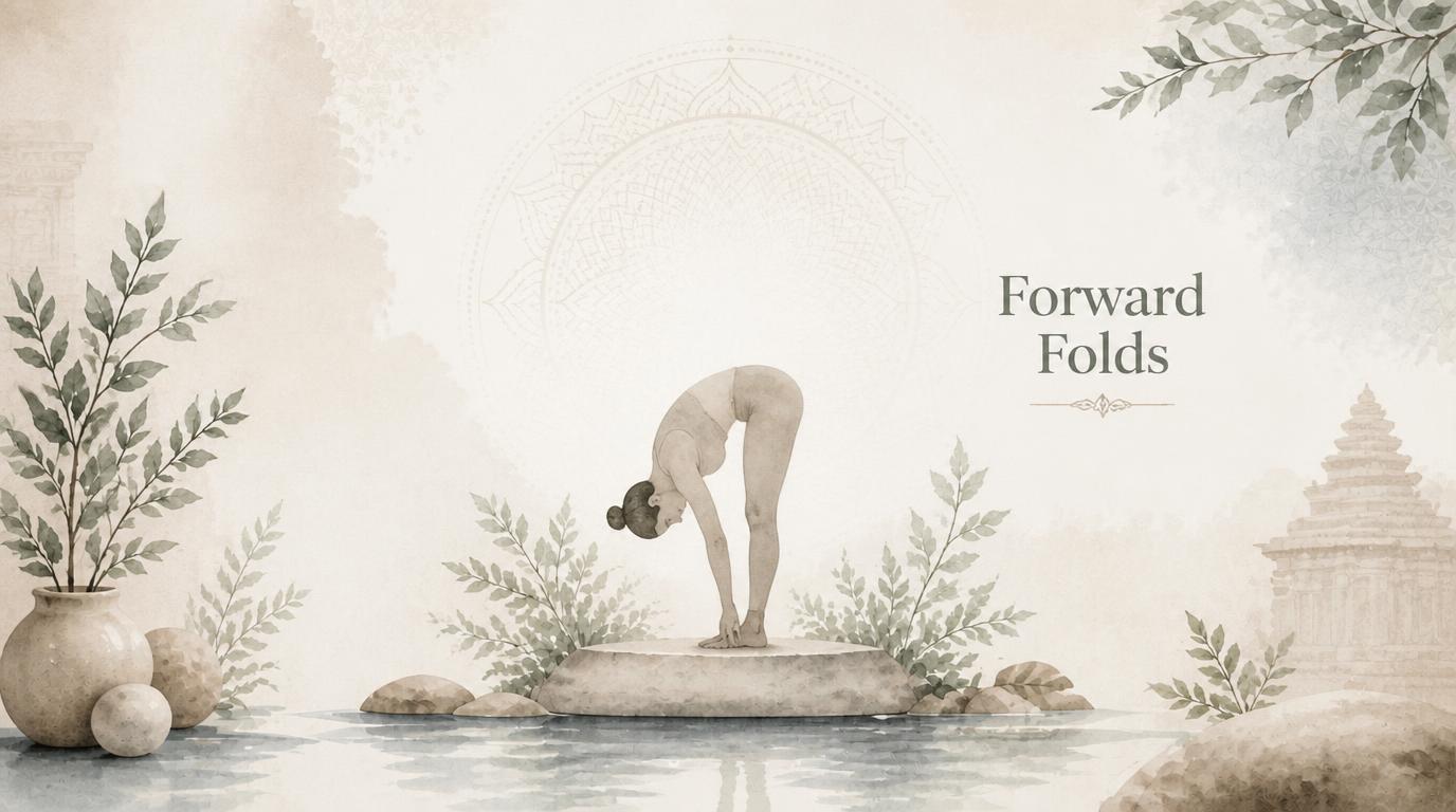 Woman in a standing forward fold on a stone platform for the Forward Folds category
