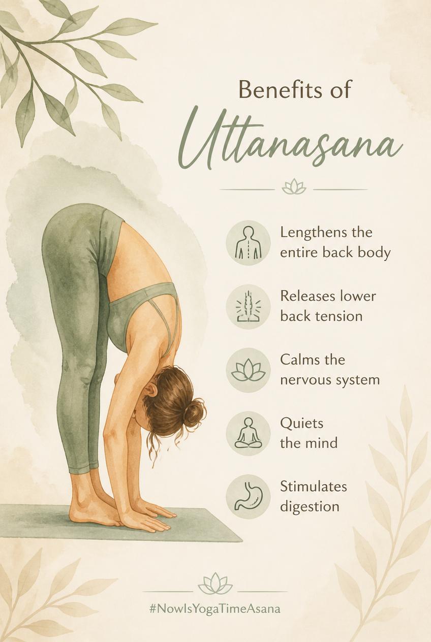 Benefits of Uttanasana and asana performed by a woman