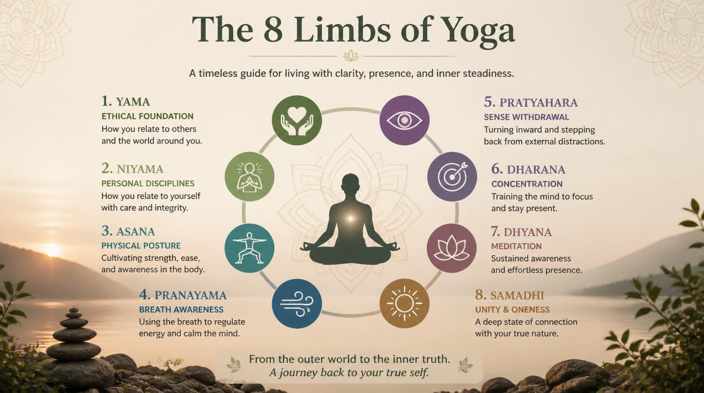 Infographic of the 8 Limbs of Yoga arranged in a circular layout around a meditating figure, with icons and brief descriptions on a serene natural background