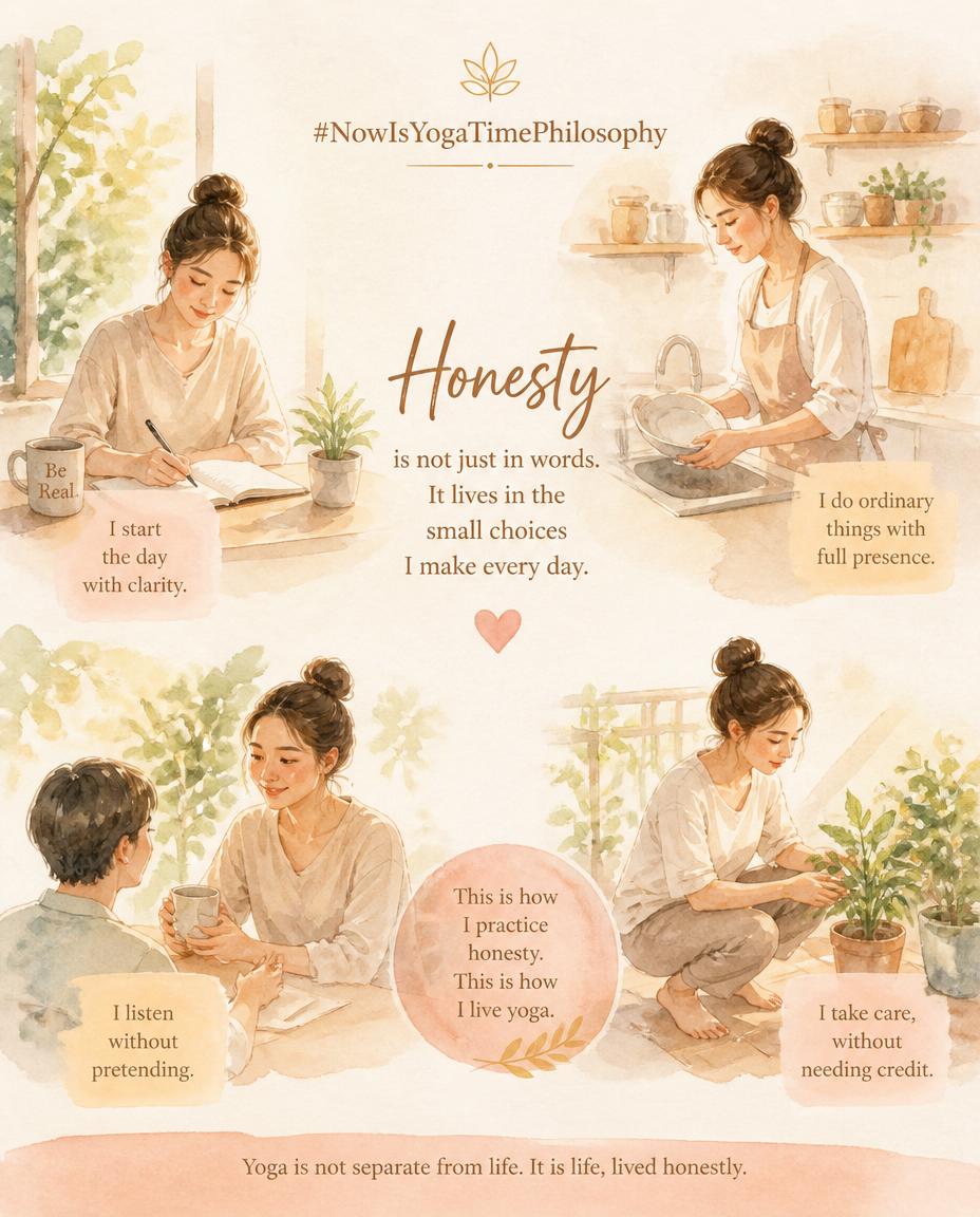 Soft watercolor scene of simple daily actions performed with calm presence and gentle light. Satya in Daily Life