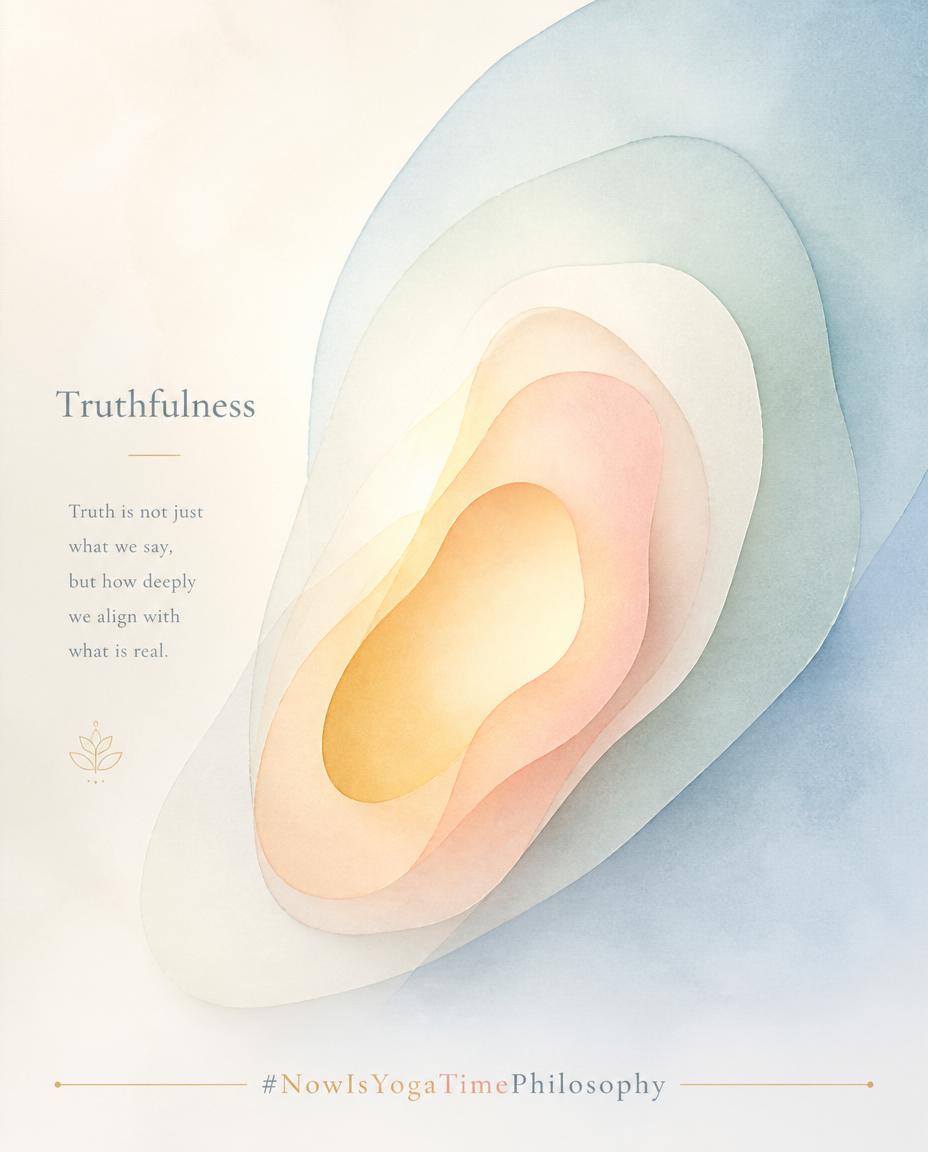 Layered pastel watercolor shapes softly illuminated, symbolizing the depth and nuance of truthfulness. The Many Layers of Satya