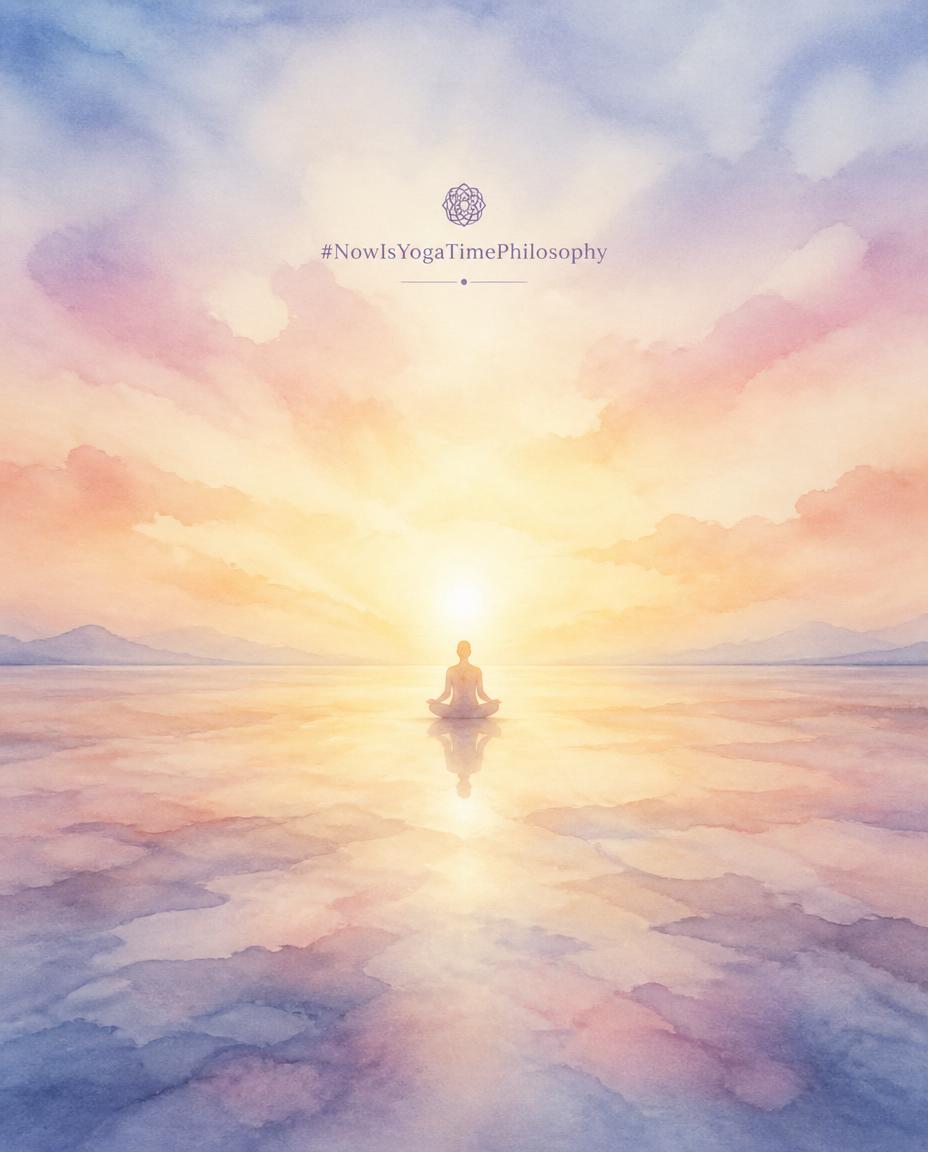 Watercolor horizon where sky and earth blend into soft light, symbolizing unity and oneness. Samadhi, the eighth limb of Patanjali's yoga.