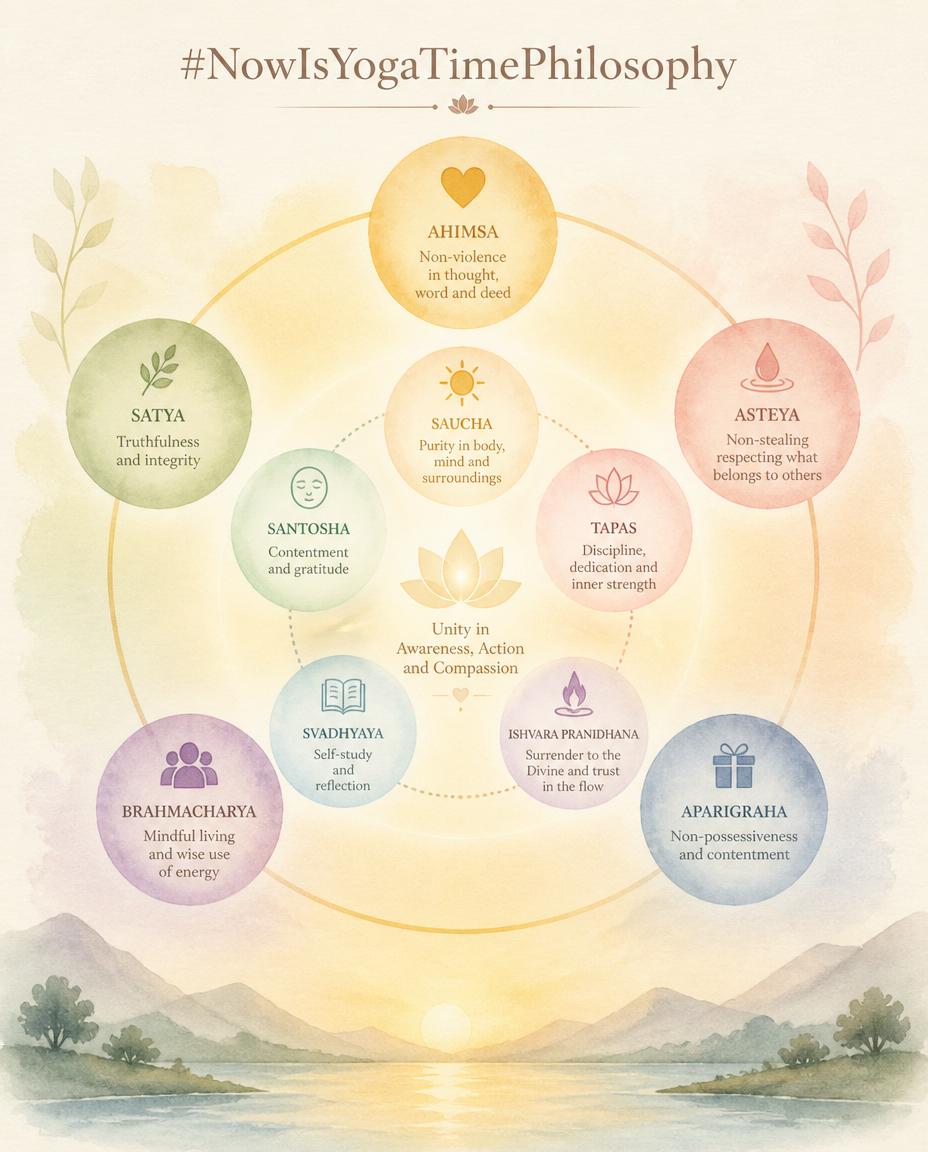 Soft watercolor illustration of ten glowing shapes arranged in harmony, symbolizing the unity of Yama and Niyama. Niyama and Yama — The Complete Ethical Foundation