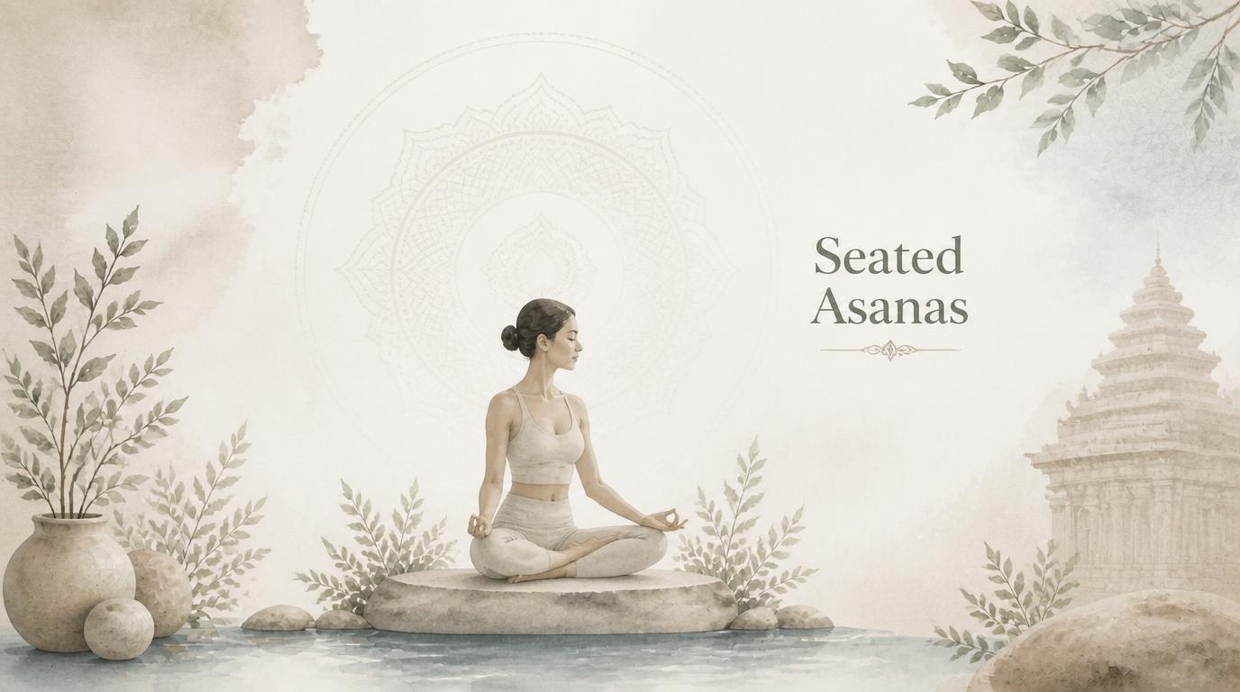 Woman sitting in a meditative seated pose on a stone platform for the Seated Asanas category