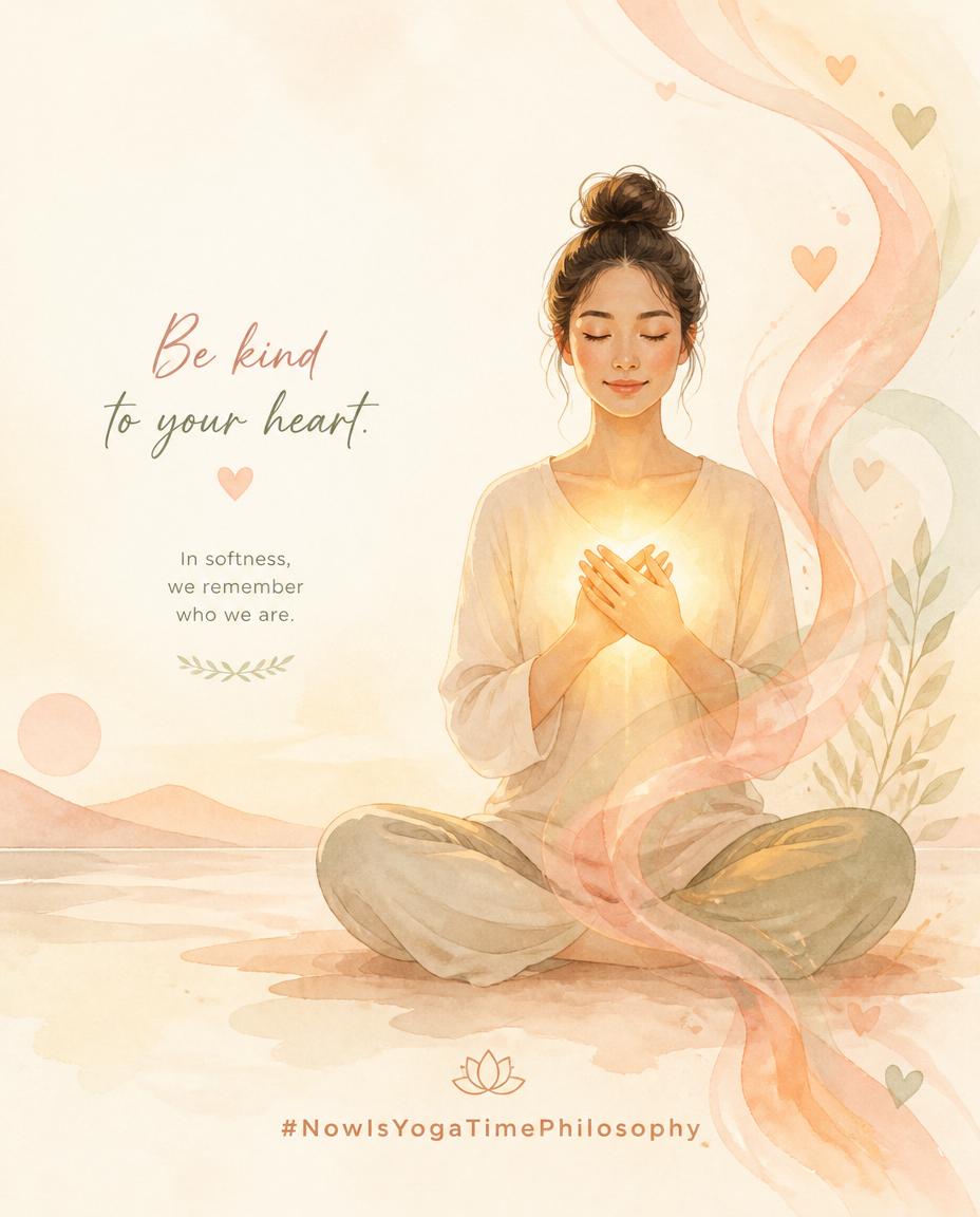Soft watercolor illustration of a meditating figure with a gentle heart glow and flowing pastel shapes symbolizing kindness and inner peace. Ahimsa