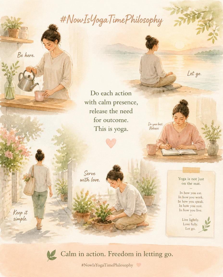 Soft watercolor scene of simple daily actions performed with calm presence and gentle light. Aparigraha in Daily Life