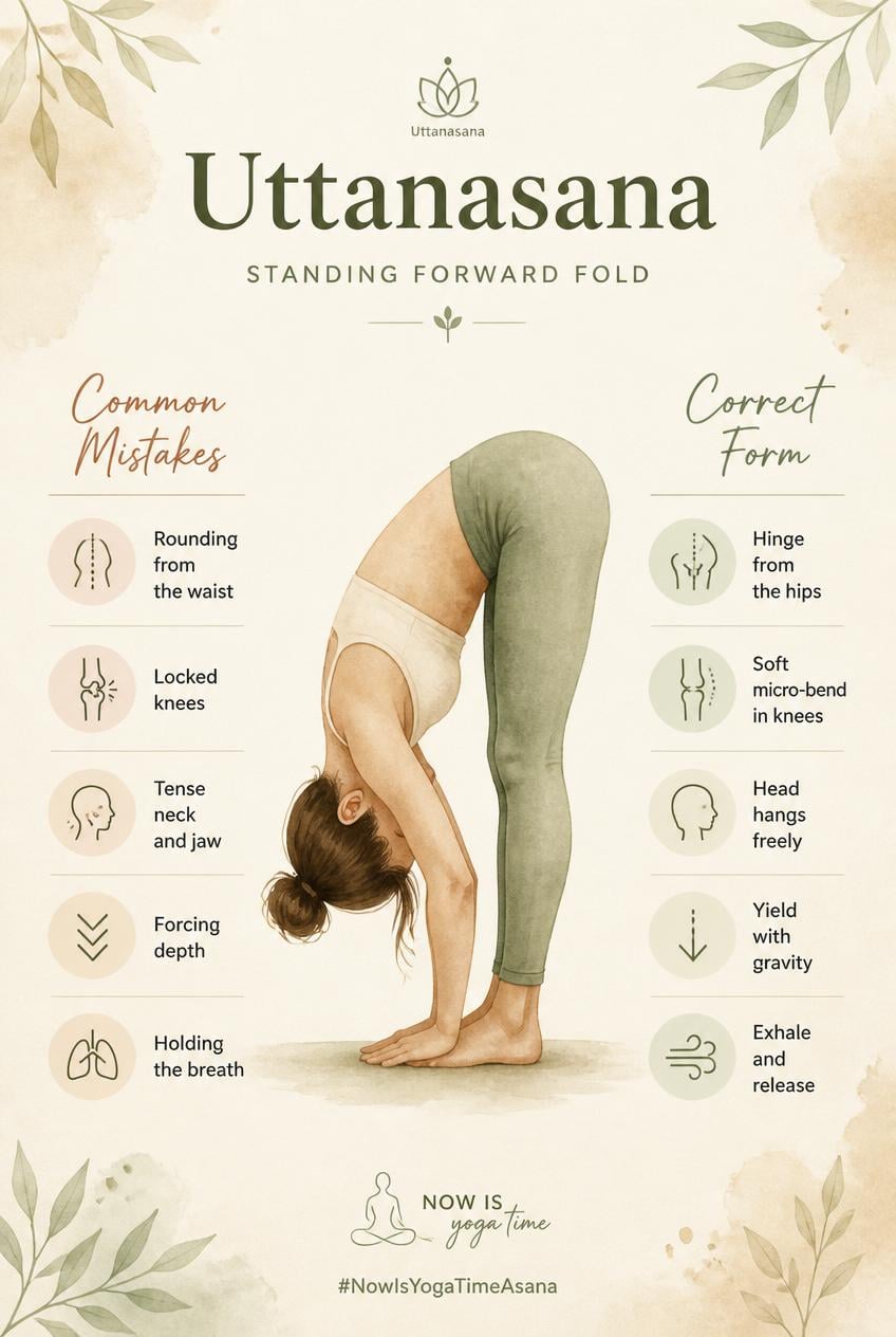 Common mistakes and correct form of Uttanasana and asana performed by a woman
