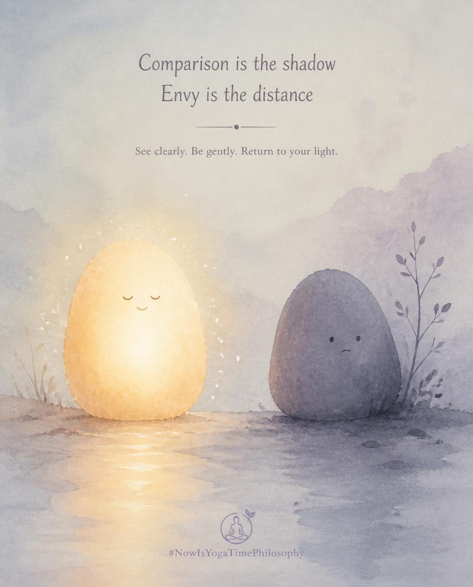 Two softly contrasting watercolor shapes, one glowing and one dim, symbolizing comparison and envy. Asteya and envy.