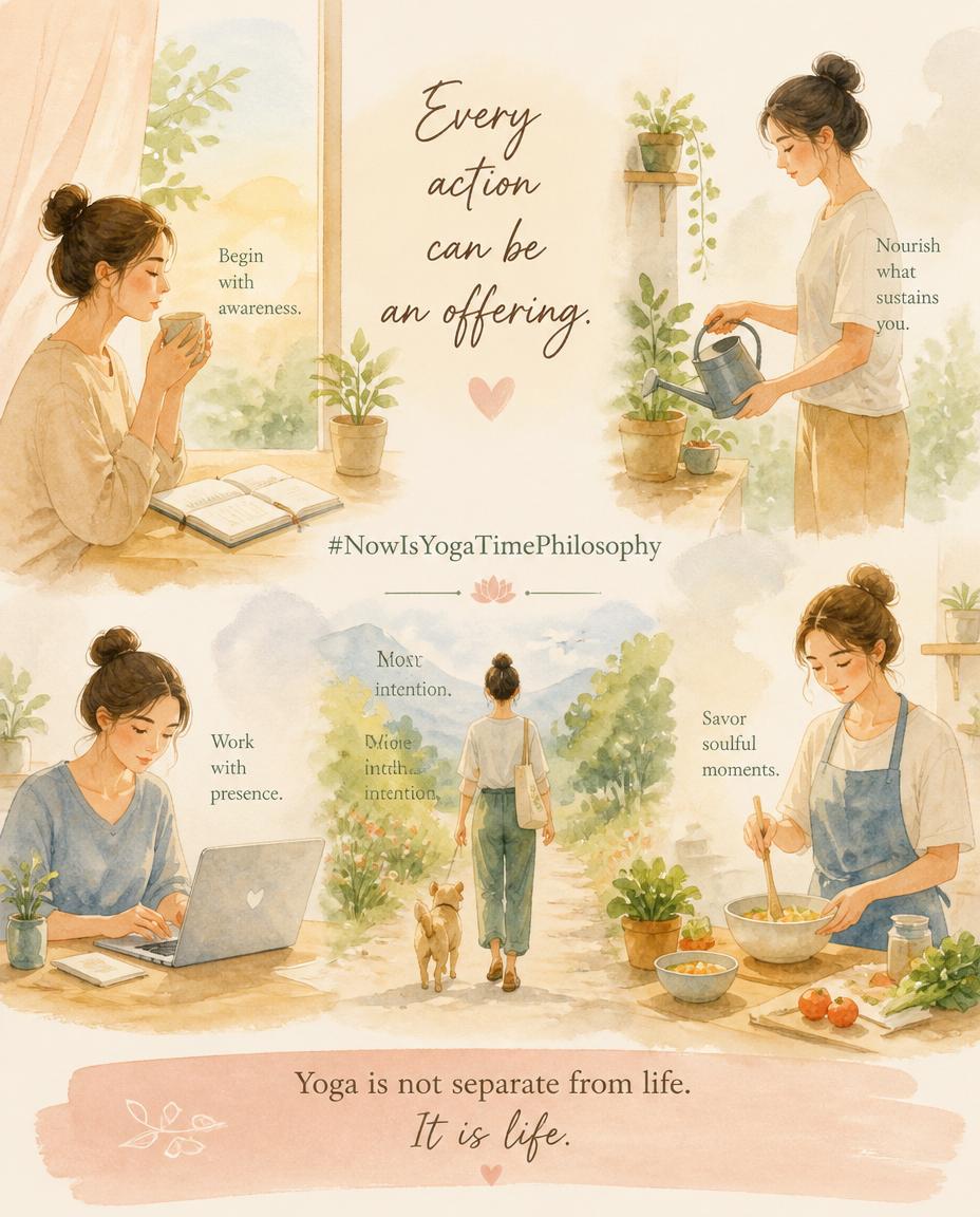 Soft watercolor scene of simple daily actions performed with calm presence and gentle light. Niyamas as a Daily Practice