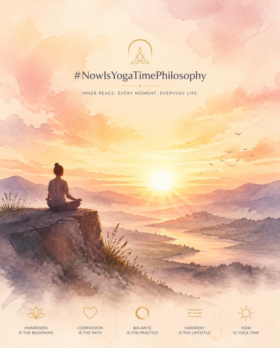 Soft watercolor sunrise over a calm landscape with a meditating silhouette, symbolizing inner peace becoming a way of life. Ahimsa conclusion