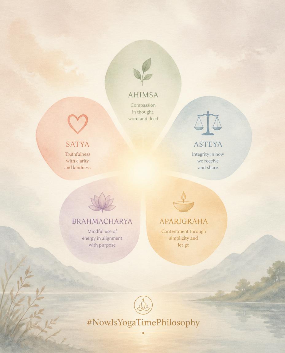 Soft watercolor illustration with five gentle shapes emerging from a central glow, symbolizing the foundations of Yama
