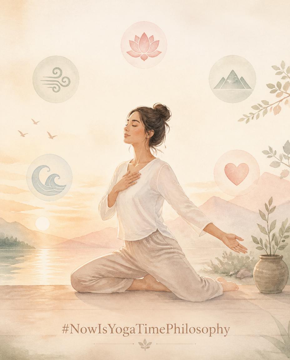 Soft watercolor sunrise over a calm landscape, symbolizing ethical living becoming a way of being.