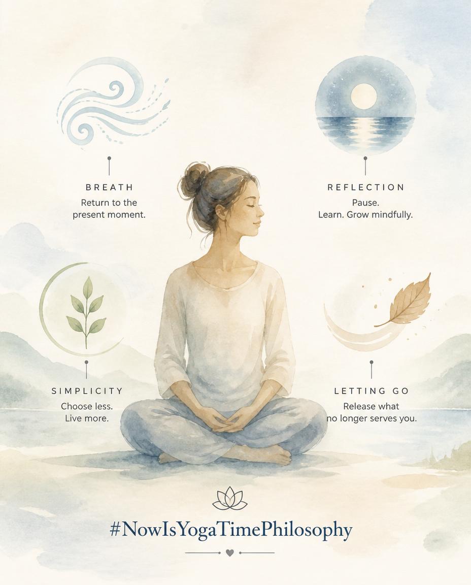 Watercolor figure surrounded by small glowing symbols representing breath, reflection, simplicity, and letting go. Practices for cultivating Aparigraha