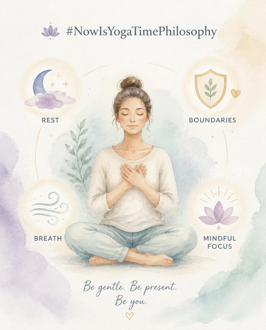 Watercolor figure surrounded by small glowing symbols representing rest, boundaries, breath, and mindful focus. Practices for cultivating Brahmacharya