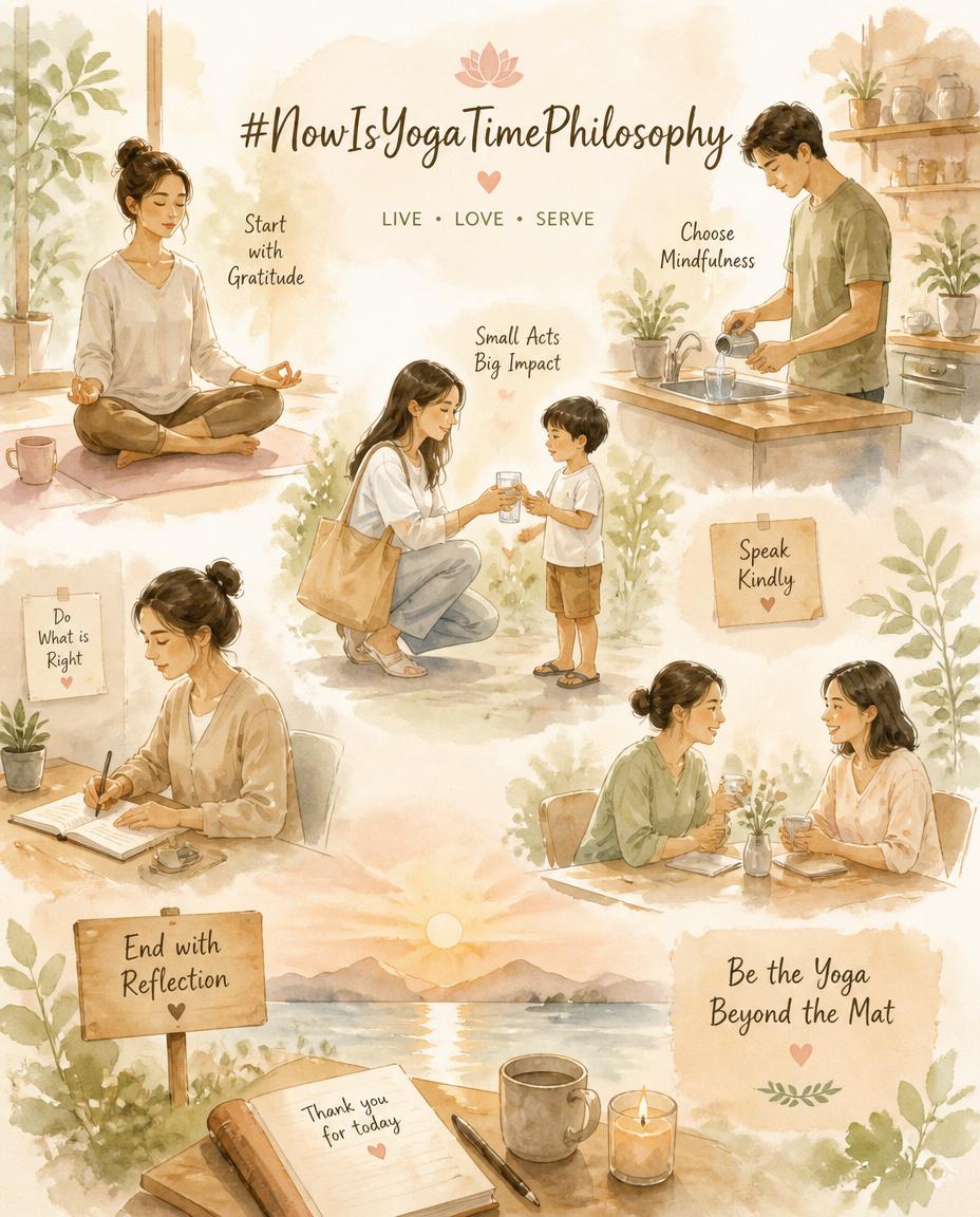 Watercolor scene of simple daily actions performed with calm presence and gentle pastel light. Yama in daily life.