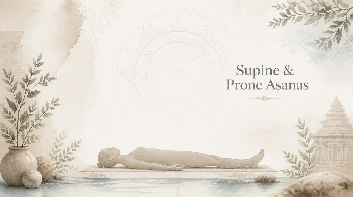 Woman lying in a relaxed supine pose on a mat for the Supine & Prone Asanas category