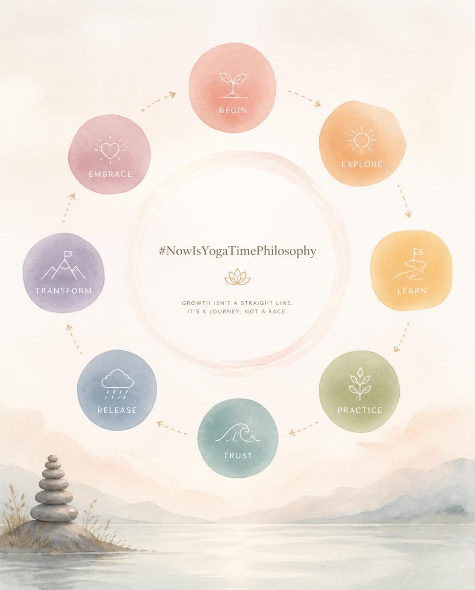 Soft watercolor illustration of eight floating shapes arranged in a circle, symbolizing non‑linear growth. The 8 limbs of Patanjali's yoga are not a ladder.