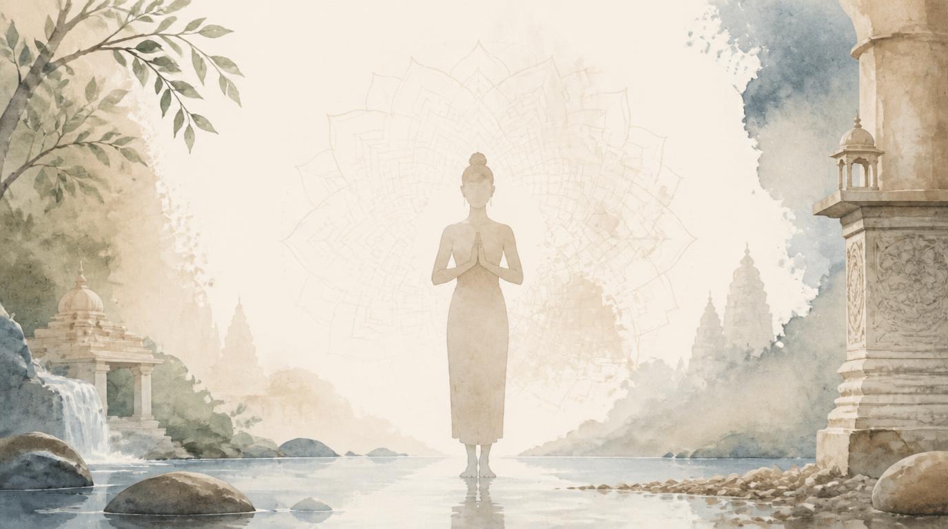 Gentle yoga image with standing woman in ancient yoga temple in India