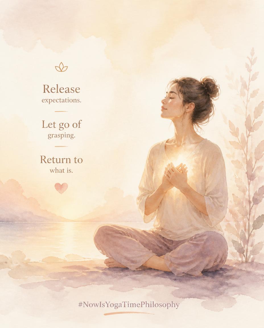 Watercolor figure in a gentle yoga pose with a soft glow at the heart, symbolizing releasing expectations. Aparigraha on the Mat