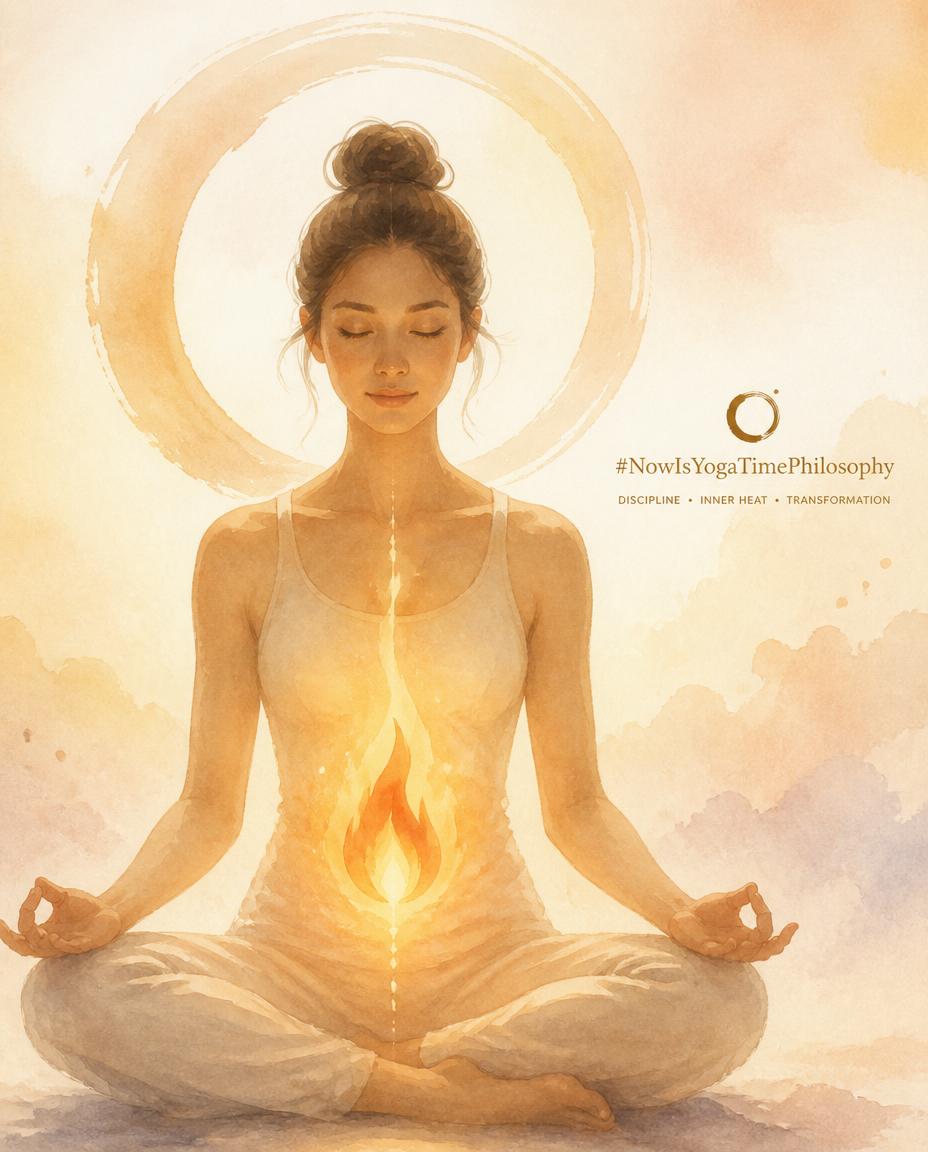 Soft watercolor flame glowing at the center of a serene figure, symbolizing discipline and inner fire. Tapas - Inner Fire
