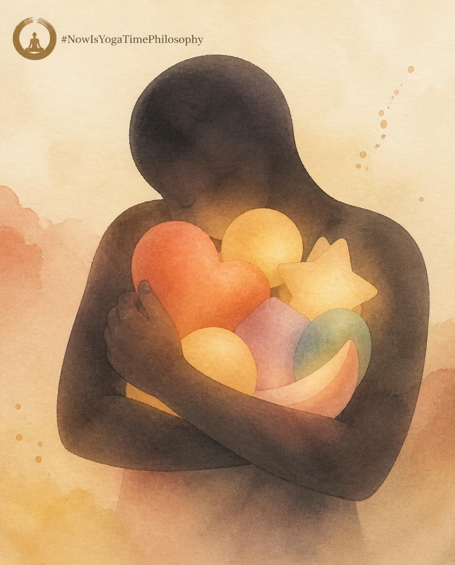 Soft watercolor silhouette holding several glowing shapes tightly, symbolizing attachment and clinging. What we grasp at. Aparigraha explained.