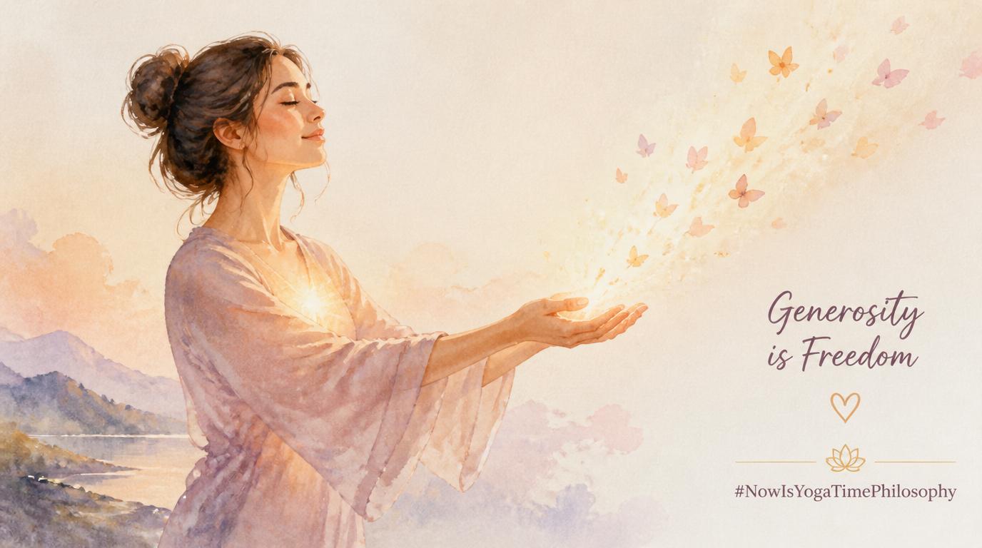 Soft watercolor figure with open hands releasing gentle light, symbolizing generosity and the freedom of non-stealing. Asteya — The Freedom of Non‑Stealing