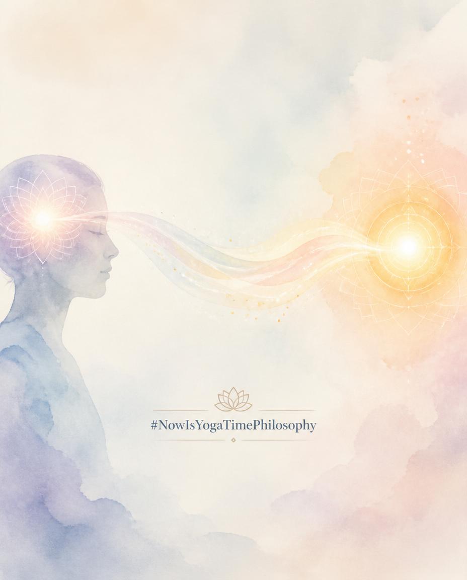 Soft watercolor beam of light moving from the mind toward a glowing focal point, symbolizing focused attention. Where Attention Goes Energy Flows
