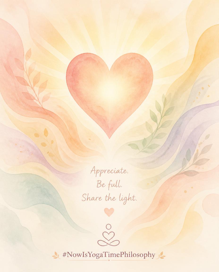 Soft watercolor heart radiating warm pastel light, symbolizing appreciation and fullness. Aparigraha and Gratitude