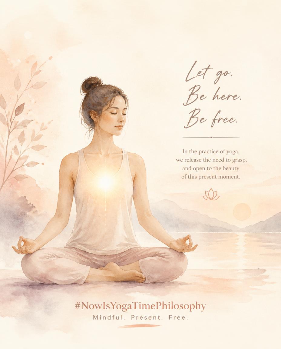 Watercolor figure in a gentle yoga pose with a soft glow at the heart, symbolizing non-grasping in practice. Asteya on the mat.