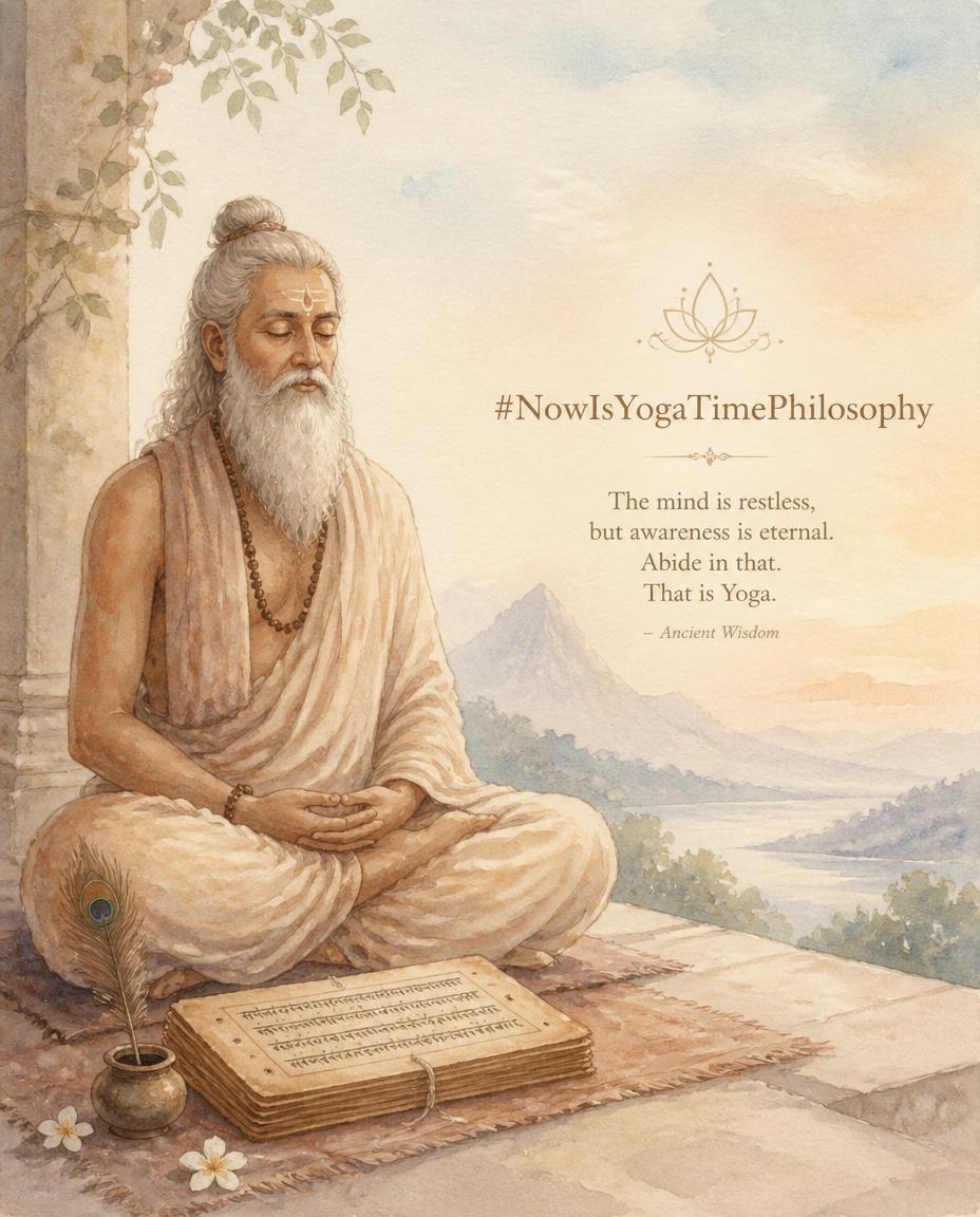 Soft watercolor image of an ancient sage seated in meditation beside a subtle manuscript, with gentle pastel light. Who was Patanjali?
