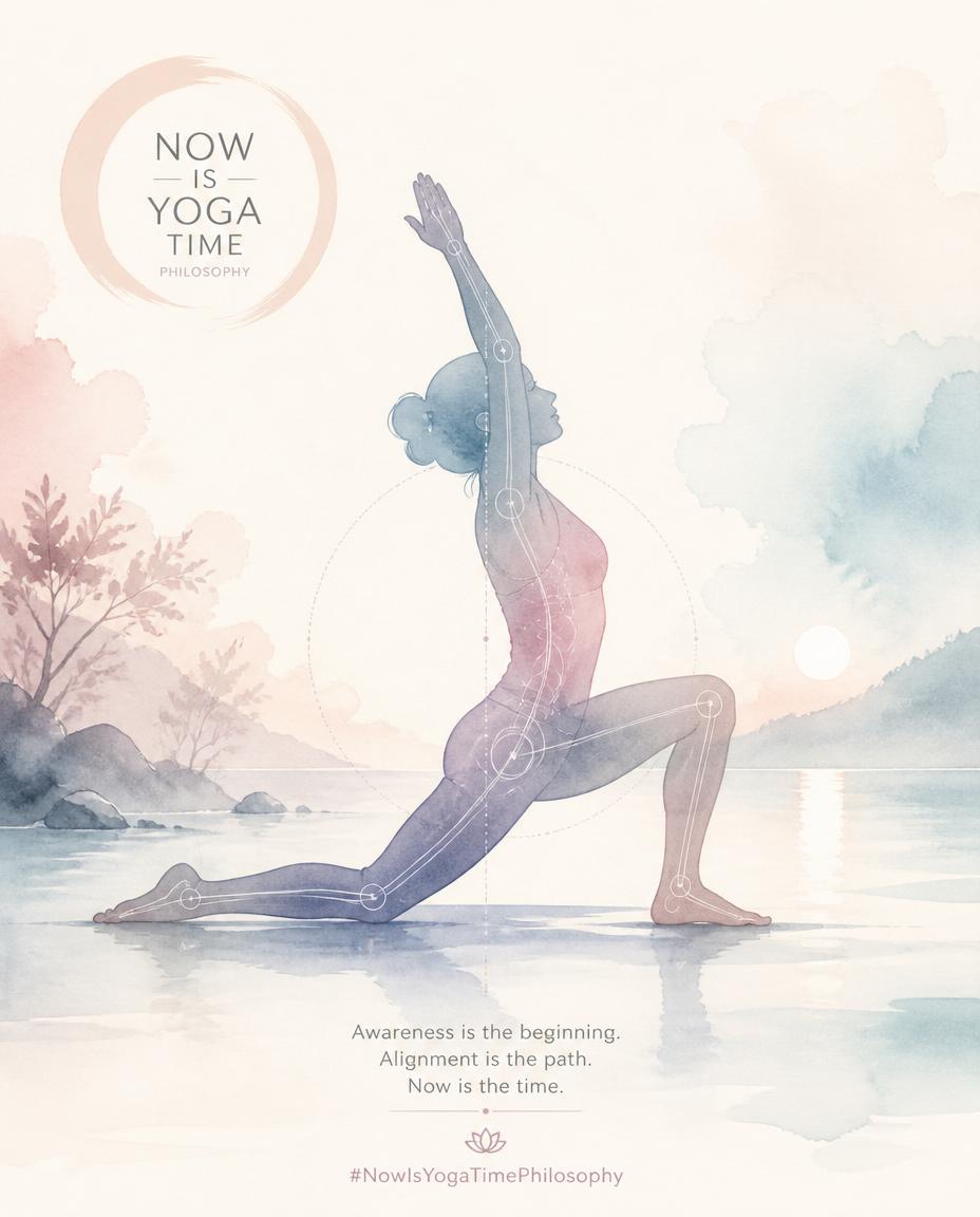 Soft watercolor silhouette in a gentle yoga pose with subtle anatomical lines showing awareness and alignment. Asana, the third limb of Patanjali's yoga.