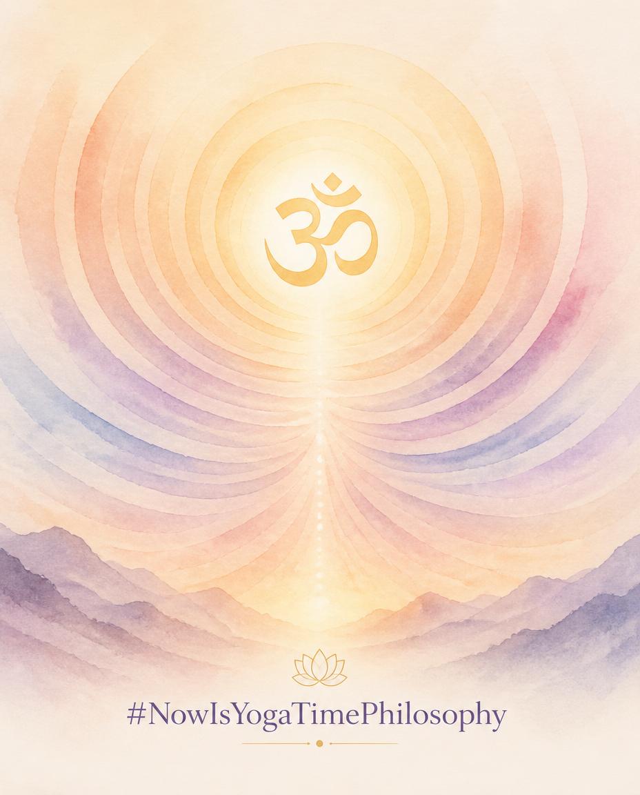 Soft watercolor Om symbol radiating gentle sound waves upward, symbolizing mantra and consciousness expansion. Om, Mantras & Consciousness Ascension