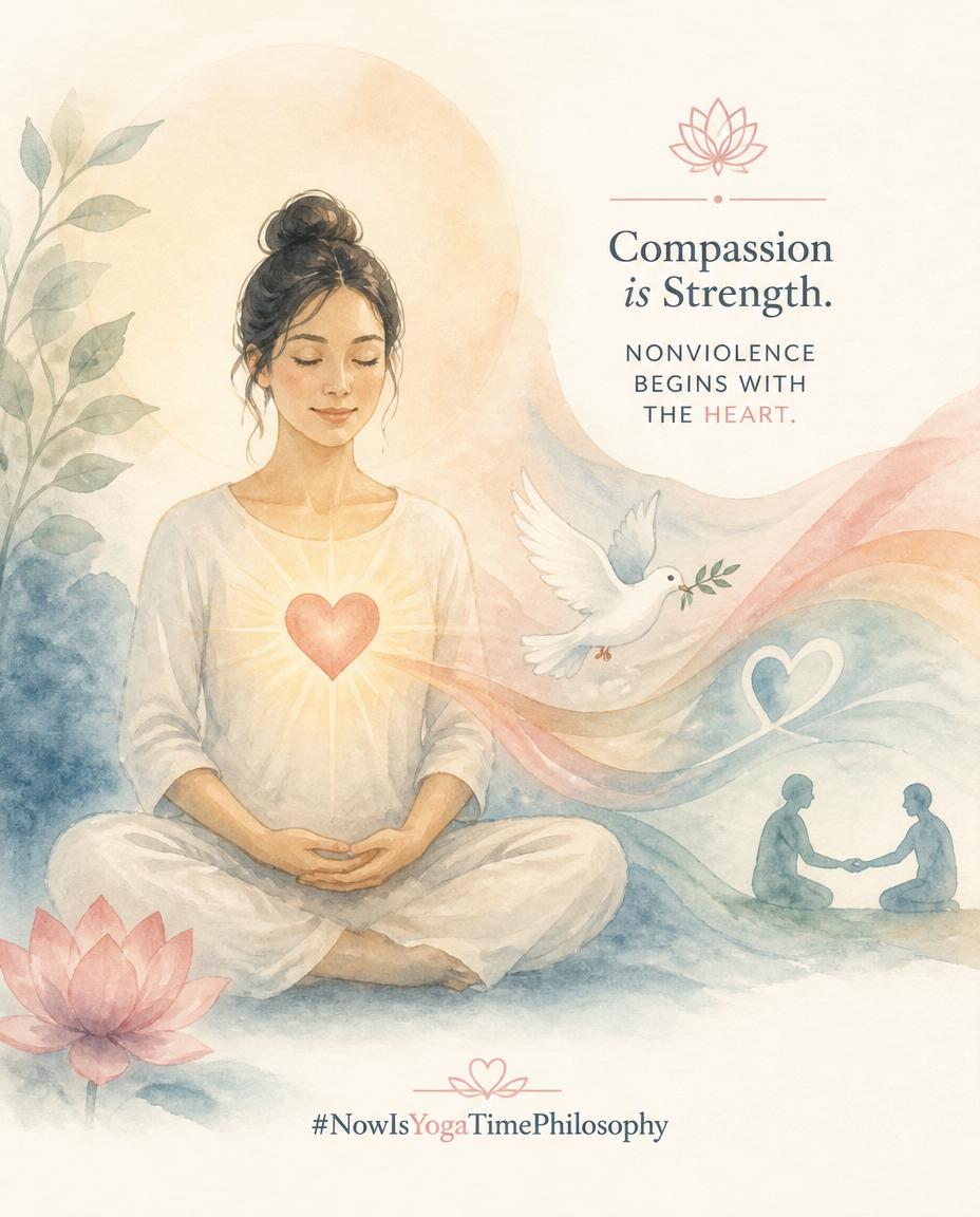 Soft watercolor figure with a glowing heart and gentle flowing shapes symbolizing compassion and nonviolence. Ahimsa non-violence