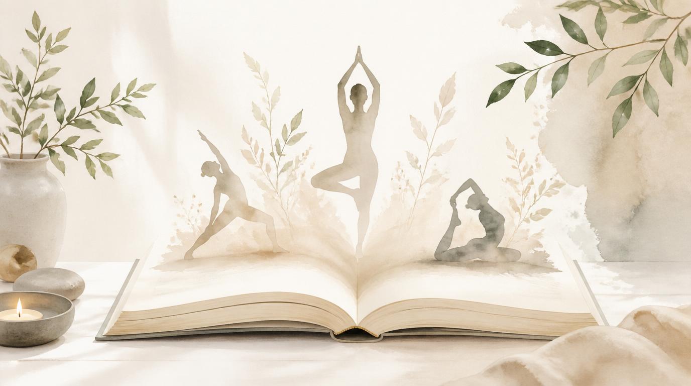 Asana Compendium Hero Image of a Notebook with Yoga Asana Silhouettes Standing on It